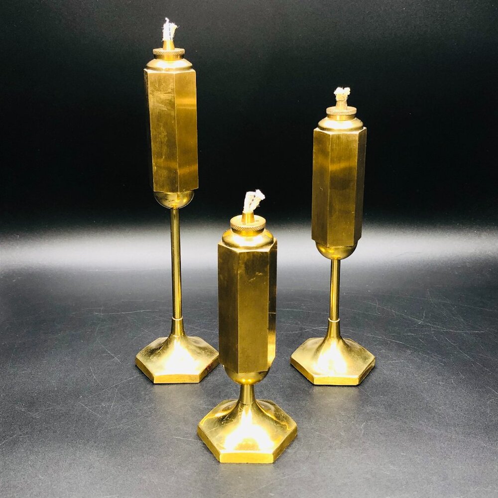 60s DENMARK Solid Brass Hexagonal Torchere Oil Lamp SET of 3 Graduated Sizes